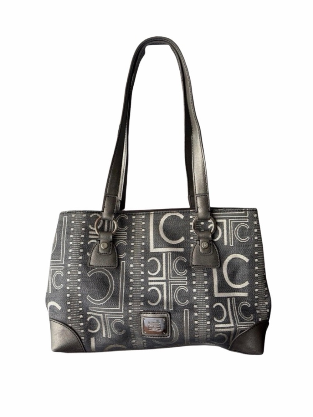 Liz Claiborne Black/Grey Logo Jacquard Shoulder Bag Zip Double Handles